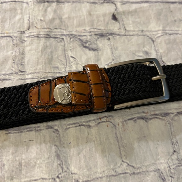 PEBBLE BEACH MENS WEBBING STRETCH BLACK WITH LEATHER CROC SILVER TONE BUCKLE 38 - Picture 3 of 6